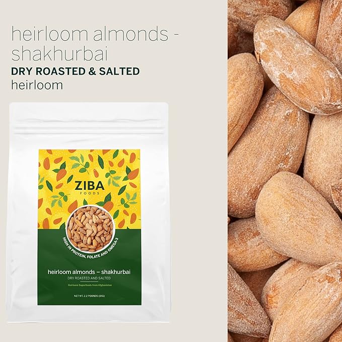 Ziba Foods Heirloom Shakhurbai Almonds | Salted & Dry Roasted Almonds | Non-GMO, Vegan, Gluten Free Whole Almond Nuts | Heirloom, Warm & Nutty | Healthy, Delicious Almond Snacks, 2.2 lbs