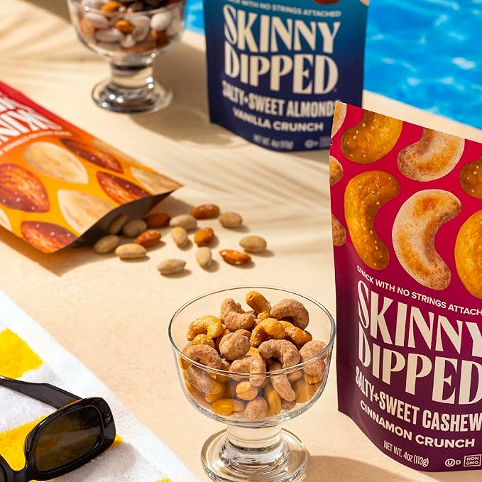 SkinnyDipped Salty + Sweet Cinnamon Crunch Cashew, Healthy Snack, Plant Protein, Gluten Free, 4 oz Resealable Bags, Pack of 5