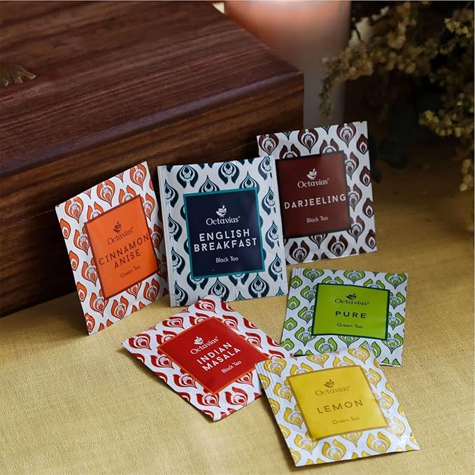 Octavius Gift's Select - Assorted Tea in Wooden Box | 6 Flavors, 120 Tea Bags | Black & Green | Tea Gifts for Women & Men | Pack of 1