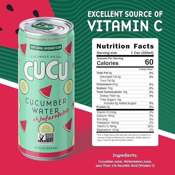 CUCU Cucumber Water + Watermelon Water ??Natural Hydration from Cucumbers with Vitamin C, Electrolytes & Antioxidants ??No Sugar Added, Non-GMO ??12 Pack, 11 fl oz Cans