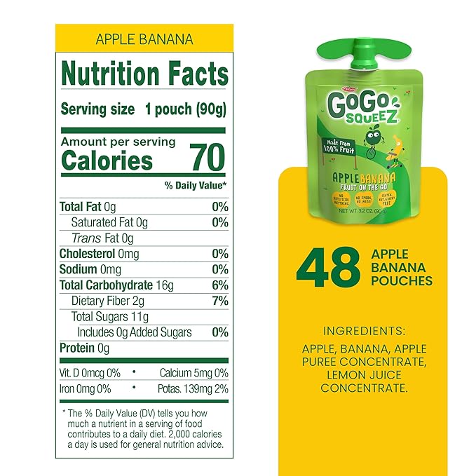 GoGo squeeZ Applesauce and Fruit Puree, Apple Banana, 3.2 oz (Pack of 48), Unsweetened Fruit Snacks for Kids, Gluten Free, Nut Free and Dairy Free, Recloseable Cap, BPA Free Pouches