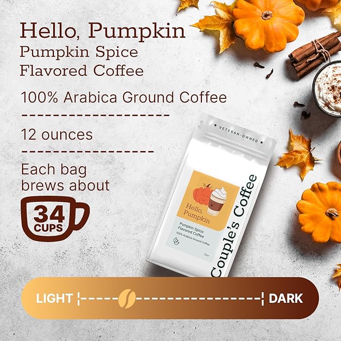 Couple?™s Coffee Ground Coffee | Gives Back to Military Families | Hello Pumpkin | Medium Roast Pumpkin Spice Flavored Coffee | Made with 100% Arabica Beans | 12oz bag brews about 34 cups