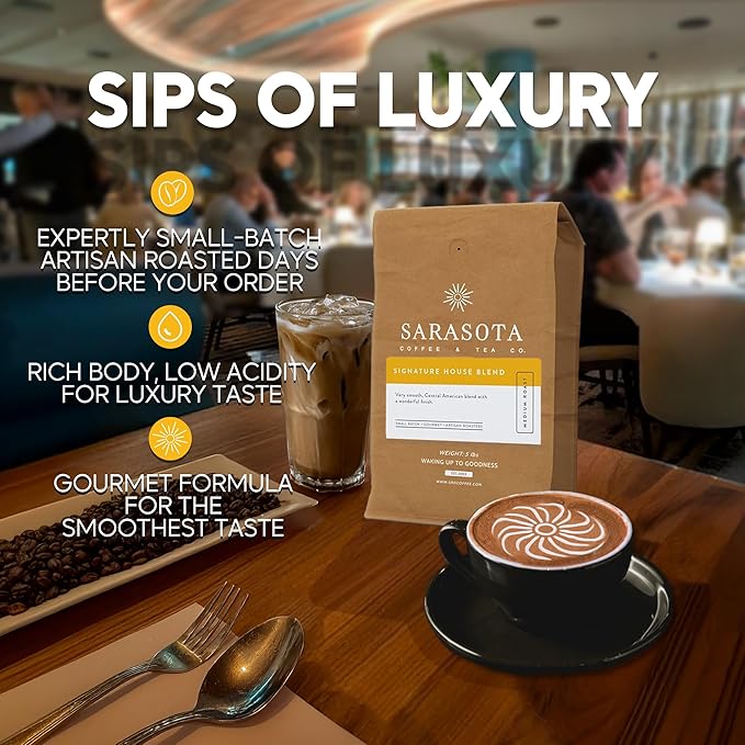 Sarasota Coffee Ground Signature House Breakfast Blend | Medium Roast Gourmet Coffee Grounds | Low Acid, Mold Free, Specialty Grade Bulk Ground | 5lb (80 oz)