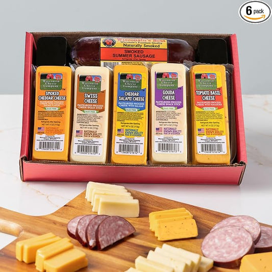 Wisconsin Cheese Company - Specialty Cheese & Summer Sausage Gift Box - 100% Wisconsin Gouda, Smoked Cheddar, Salami, Tomato Basil Cheddar, Swiss (Pack of 5 Blocks) | Perfect for Parties, Charcuterie Boards and Birthdays | Great Birthday Gift