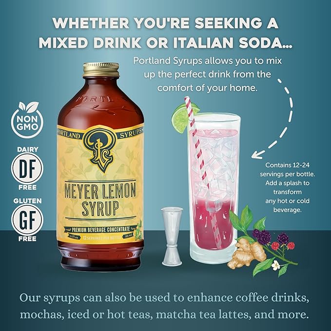 Portland Syrups Meyer Lemon Syrup - Premium Beverage Concentrate for Delicious Cocktails, Tea, Soda, Coffee Drinks, Baking, and More - 12 oz with 12 Servings (Pack of 1)
