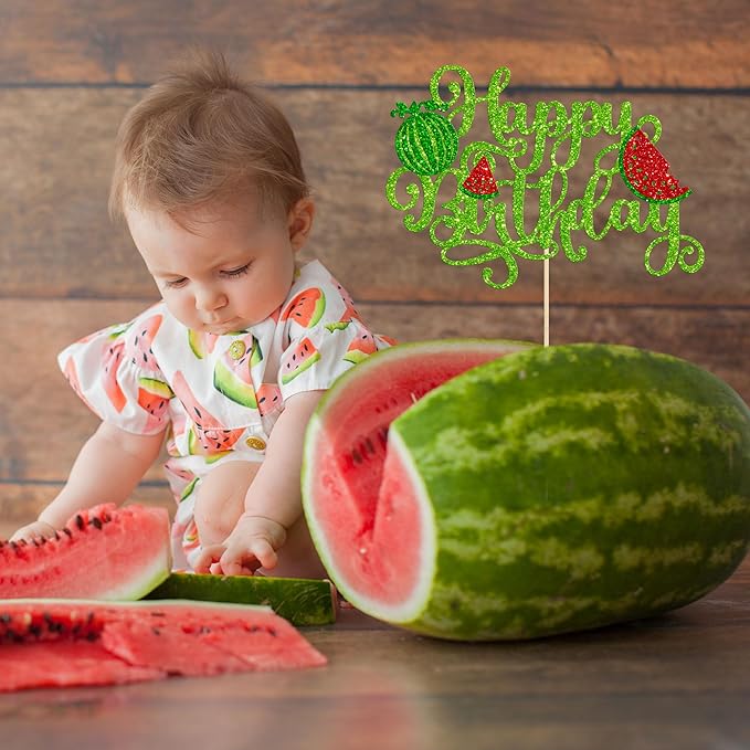 1 Pack Happy Birthday Cake Topper Glitter Watermelon Cupcake Pick Baby Shower Watermelon Fruit Kids Birthday Party Cupcake Decoration Supplies