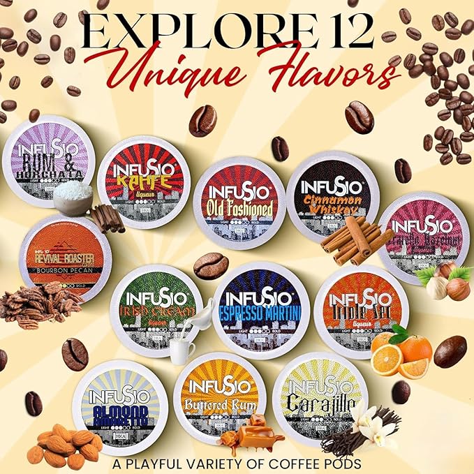 InfuSio Flavored Coffee Pods Variety Pack - 48 Count Flavored Medium Roast, 12 Curated Blends Inspired by Classic Cocktails, Compatible with Keurig K cups 2.0 Brewers