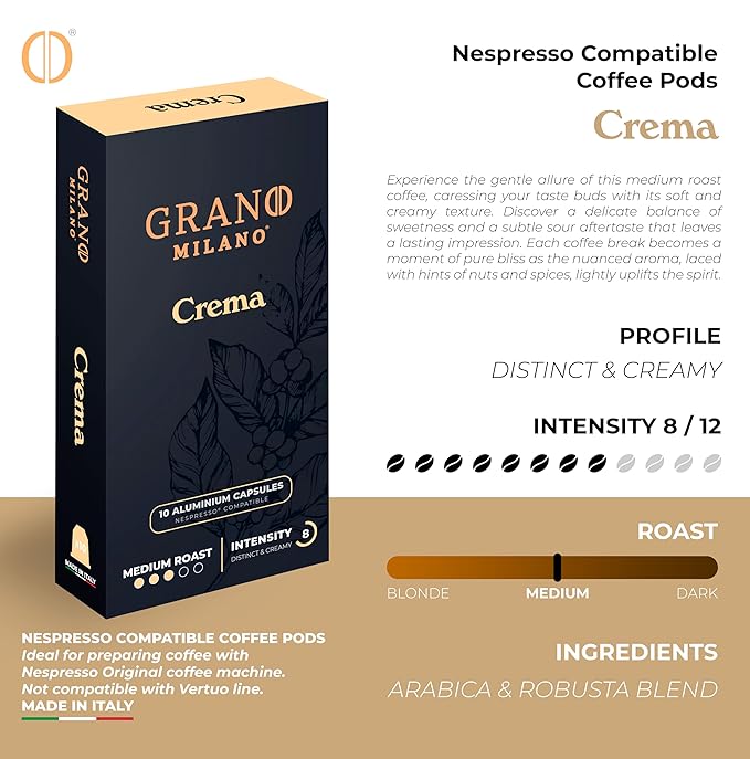 New Grano Milano Crema Coffee Capsules - 50 Aluminum Coffee Pods Compatible with Nespresso Original line, Medium Roast - Intensity 8/12, Made in Italy