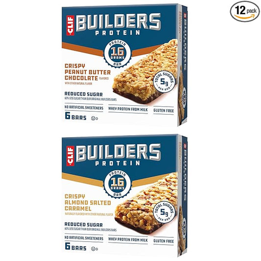 CLIF BUILDERS Protein Bars - Variety Pack - Crispy Almond Salted Caramel and Crispy Peanut Butter Chocolate Flavored - Reduced Sugar - Gluten Free - 16g Protein - No Artificial Sweeteners - 1.97 oz. (12 Pack)