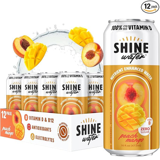 ShineWater Vitamin D Hydration Electrolyte Drink - Flavored water with electrolytes, Sugar-Free, Magnesium, Zinc, Vitamin B12, Plant-Based, Low Calorie - Peach Mango Fruit Water 12 Pack