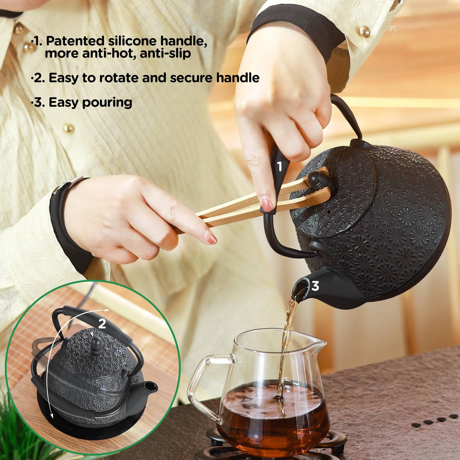 MILVBUSISS Cast Iron Teapot, 32oz Japanese Sakura Blossom Pattern Tea Kettle, Stovetop Safe