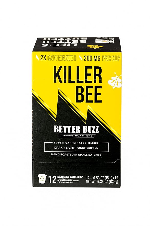 Better Buzz Killer Bee Super Caffeinated Dark Roast Light Roast Blend 12ct., California Solar Energy Produced Recyclable Coffee Pods, Small Batch Roasted Coffee, K-Cup Compatible, Life's Better Buzzed
