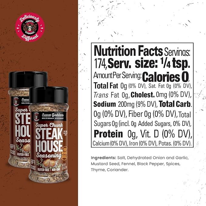 Sauce Goddess Super Chunk Steakhouse Spice Shaker (2-Pack) - Versatile, Delicious Steak Seasoning, BBQ Rub for Chops, Chicken and Veggies! Gluten-Free, Vegan, and No Sugar