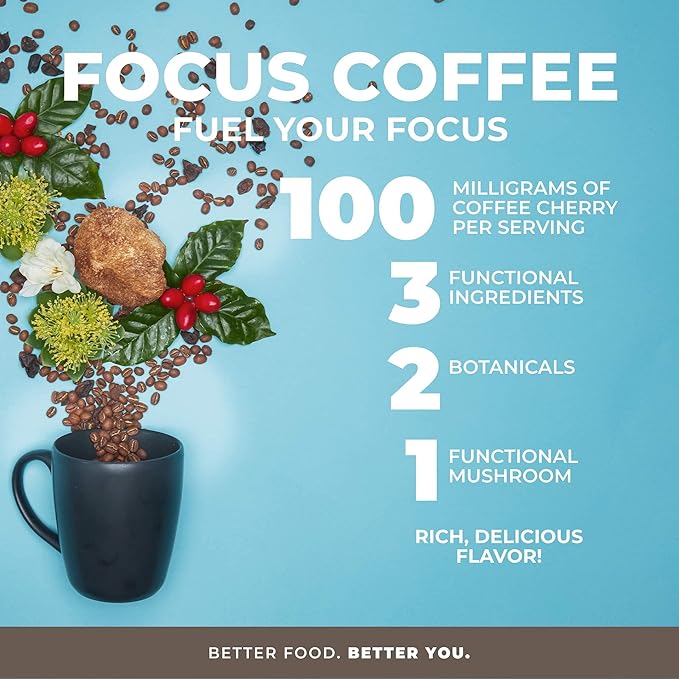 Laird Superfood Focus Coffee, Medium Roast Ground Coffee Infused with Functional Mushrooms and Botanical Adaptogens, 12 oz. Bag