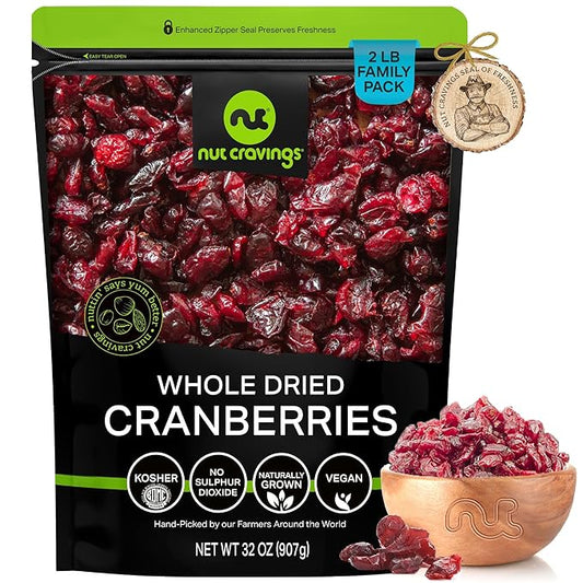 NUT CRAVINGS - Sun Dried Whole Cranberries, Lightly Sweetened, Unsulphured (32oz, 2 LB) Bulk Dry Fruits Packed Fresh in Resealable Bag - Sweet Healthy Snack, Naturally Grown, Vegan, Kosher