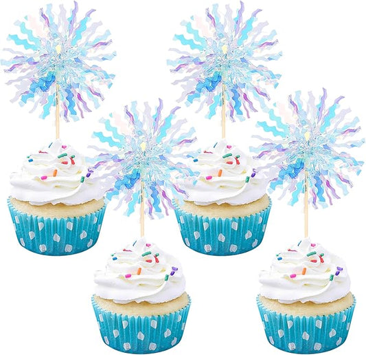 30 PCS Foil Firework Cupcake Toppers Sparkle Tinsel Cupcake Picks Happy Birthday Cake Toppers Drink Stirrers Cocktail Food Fruit Toothpicks for Baby Shower Wedding Party Decorations Supplies Blue
