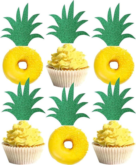 Rsstarxi 24 Pack Pineapple Leaf Cupcake Toppers Green Glitter Pineapple Leaves Cupcake Picks for Summer Tropical Theme Luau Party Hawaiian Wedding Baby Shower Birthday Party Cake Decoration Supplies