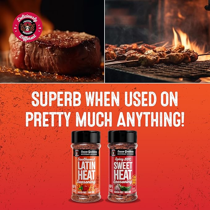 Sauce Goddess - Spicy BBQ Sweet Heat & Southwest Latin Heat Duo Premium Spices, No MSG, No Additives, Plant-Based, Shakers for Meat & Veggies - 2-Pack