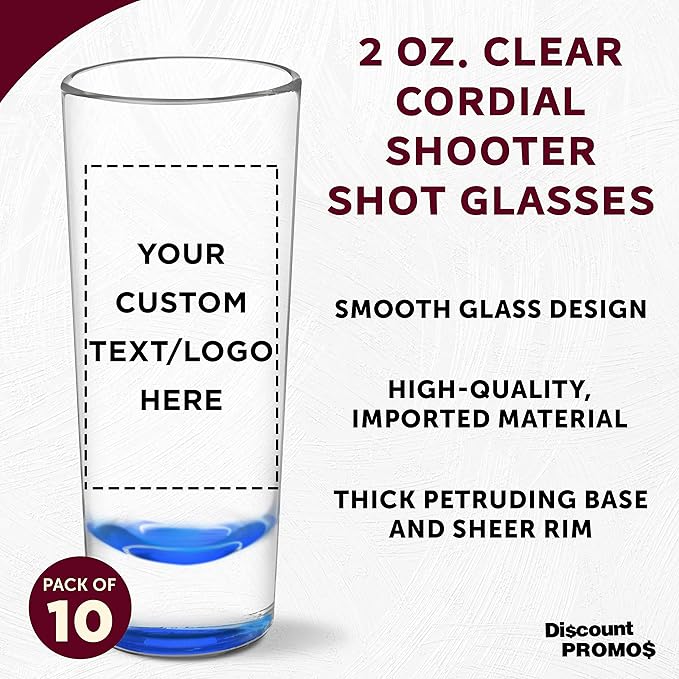 Custom Cordial Shooter Shot Glasses 2 oz. Set of 10, Personalized Bulk Pack - Great for Birthdays, Parties, Indoor & Outdoor Events - Blue