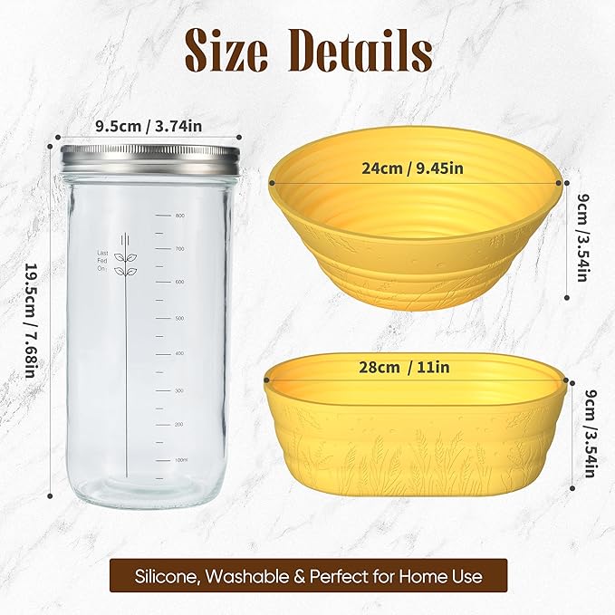 Sourdough Starter Kit with Jar ??Complete Sourdough Bread Baking Supplies for Beginners, Includes 2 Silicone Proofing Baskets Baking Mat Sour Dough Kit - Yellow