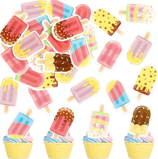 40Pcs Edible Ice Cream Cupcake Toppers Picks Ice Cream Party Decorations for Sweet Summer Theme Baby Shower Supplies