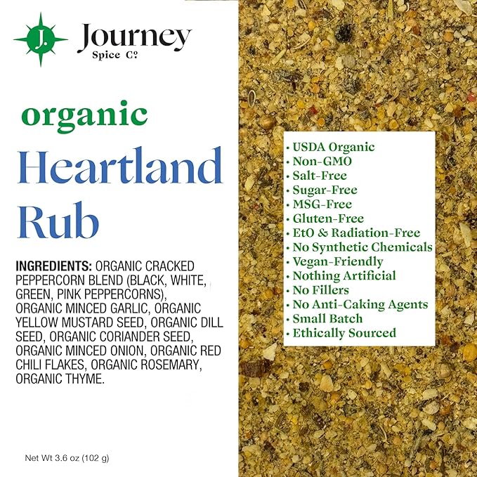 Organic Heartland Rub by Journey Spice Co. | Gourmet Coarse All-Purpose Dry Rub Inspired by Chicago Steak Seasoning for Steak, Chicken, Poultry, Meat, Veggies, and More | Salt-Free, Sugar-Free, MSG-Free, Non-GMO | 3.6 oz. | Resealable/Reusable Cap