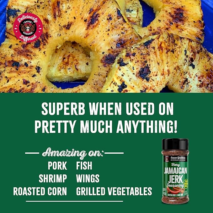 Sauce Goddess - Fiery Jamaican Jerk Spice Shaker - Caribbean Seasoning for Chicken, Pork & Seafood, Low Sugar, Low Sodium, Fat-Free, Vegan - 5oz