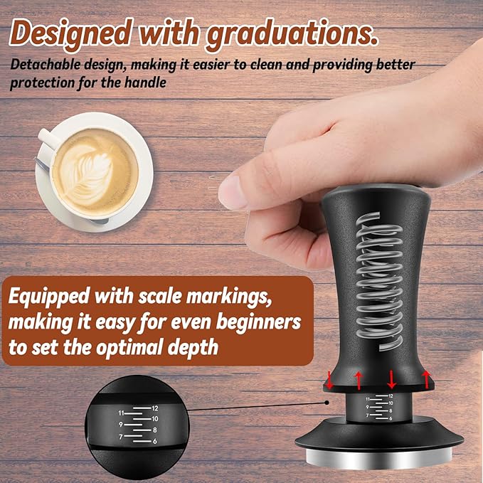 Coffee Espresso Tamper 51mm with WDT Tool Calibrated Spring Loaded, Coffee Tamper with Silicone Tamper Mat,Black Espresso Distribution Tool,Stainless Steel Base Tamper for Espresso Coffee Machine
