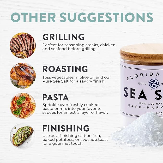 Pure Sea Salt by FLORIDA PURE 80+ Mineral Sea Salt Unrefined, Non Iodized, Addititive-free, Natural Sea Salt for Baking, Cooking, Seasoning & Rich in Taste Hand-harvested Flaky Sea Salt (1.75oz Jar)