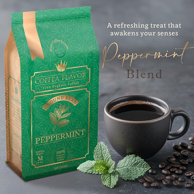 Flavored Ground Coffee ??Peppermint, 100% Arabica, Single Origin, Medium Roast, USDA Organic, Naturally mint Flavored ??by Coffea Flavor