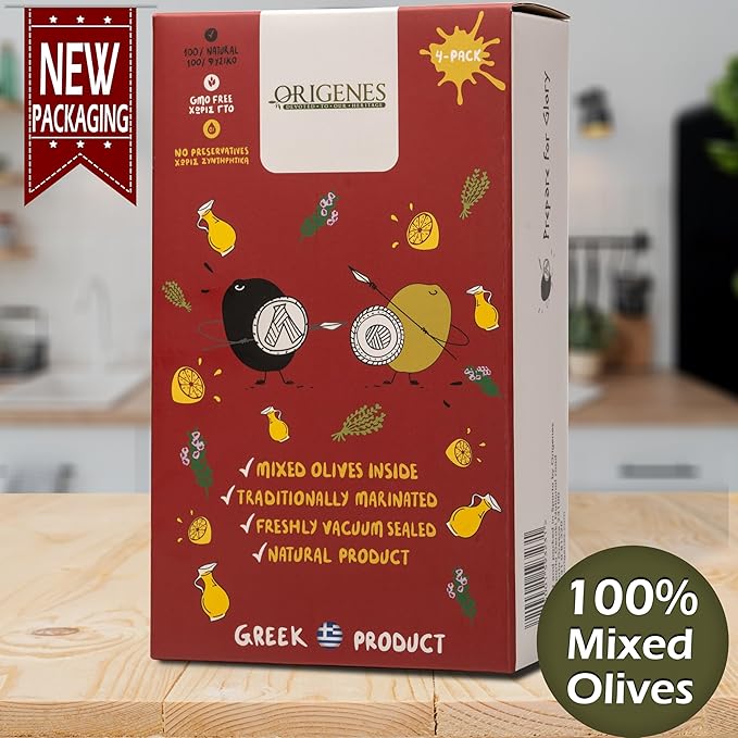 Pack of 4 Mixed Olives in Vacuum, Black Kalamon Olives mixed with Green Olives Marinated in Lemon juice, with savory Greek Oregano, Freshly Sealed Olives with Extra Virgin Oil 4X200g