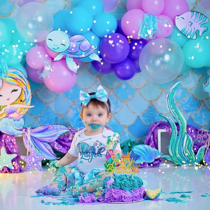 1 Pack Mermaid Cake Topper Happy Birthday Cake Pick Ocean Sea Seahorse Starfish Mermaid Tail Cake Decoration for Summer Baby Shower Kids Birthday Party Supplies Gold