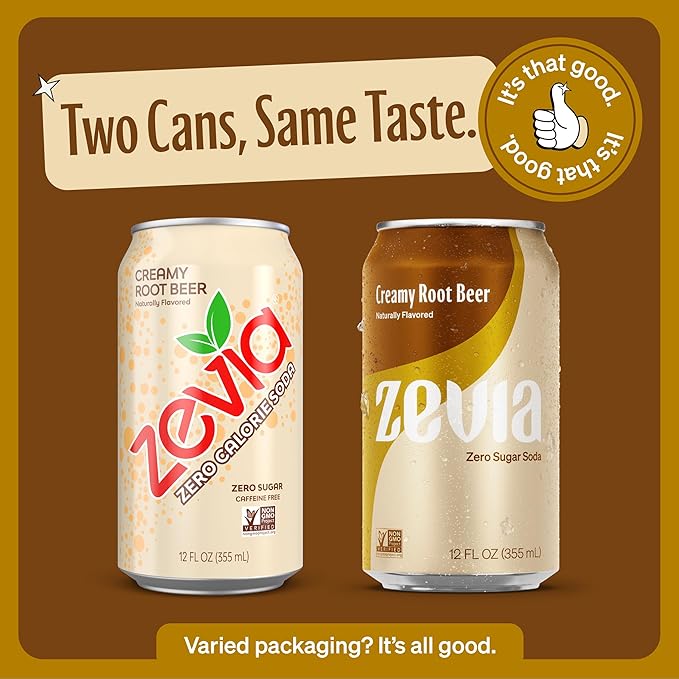 Zevia Zero Sugar Soda, Creamy Root Beer, 12 oz Cans (24-Pack) ??Naturally Sweetened, Non-GMO Project Verified, Gluten-Free, Vegan