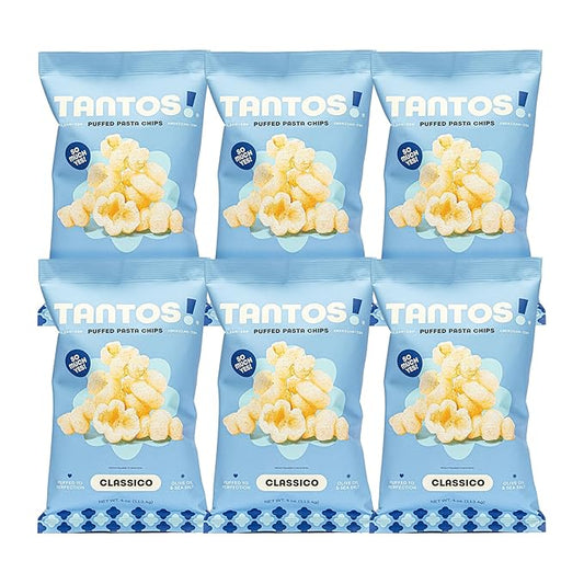 Tantos! Puffed Pasta Chips ??Healthy Pasta Snack by Top Chef Joe Sasto ??Plant-Based, Low Calorie, Crunchy Chips ??Variety Pack ??Marinara, Pesto, Cacio e Pepe, Classico ??Gourmet Bold Flavors (4 oz 6 Pack, Classico)