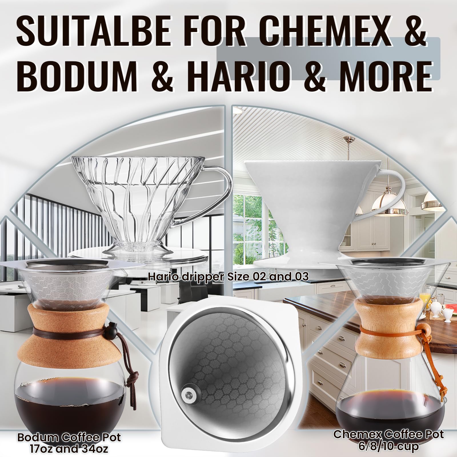 HAPYHOOM Reusable Stainless Steel Coffee Filter for Chemex 6/8/10 Cup, Bodum & Hario V60, Fine Mesh
