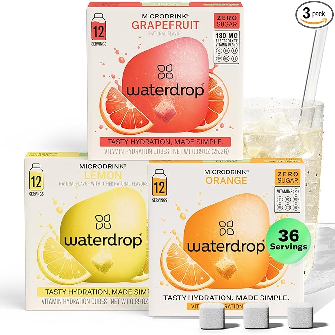 Waterdrop Hydration Cubes with Vitamin C, B3, B5 & Electrolytes, Orange, Lemon & Grapefruit Flavor