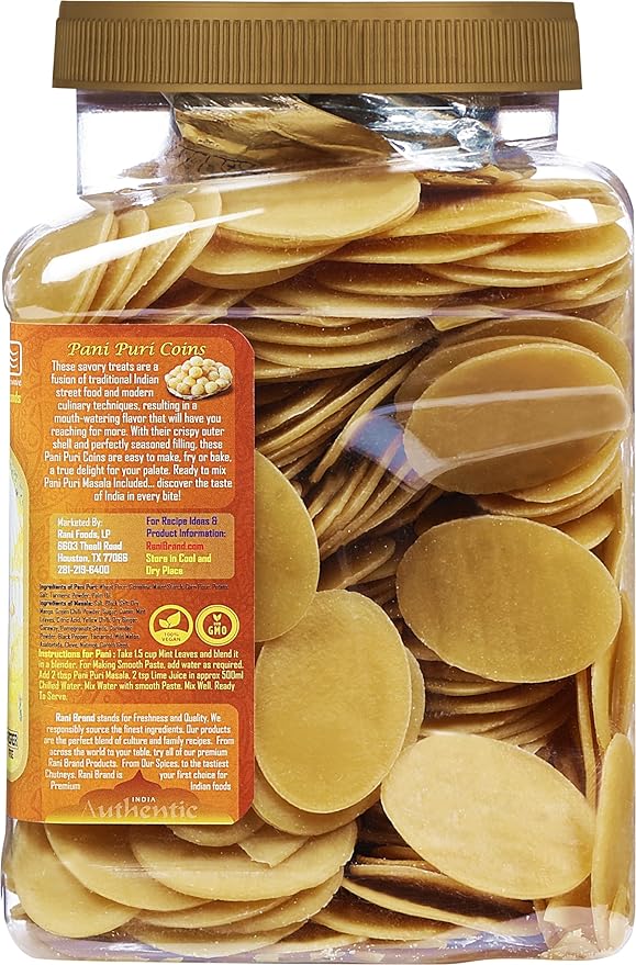 Rani Pani Puri Coins (Uncooked, Microwaveable Wheat Semolina Coins) 32oz (2lbs) 908g w/Pani Puri Masala (14-Spice Blend for Indian Spicy Water) 1.75oz (50g) ~ All Natural | Vegan | NON-GMO | Kosher