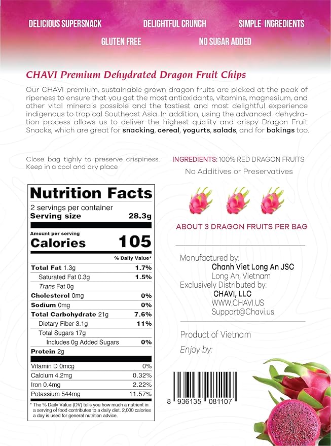 CHAVI Dragon Fruit Chips - Pack of 3 x 2 Oz - Healthy 1 Ingredient Superfood Snack - No Added Sugars or Preservatives - Non-GMO, Vegan, Gluten-Free (Pack of 3)??,<div>