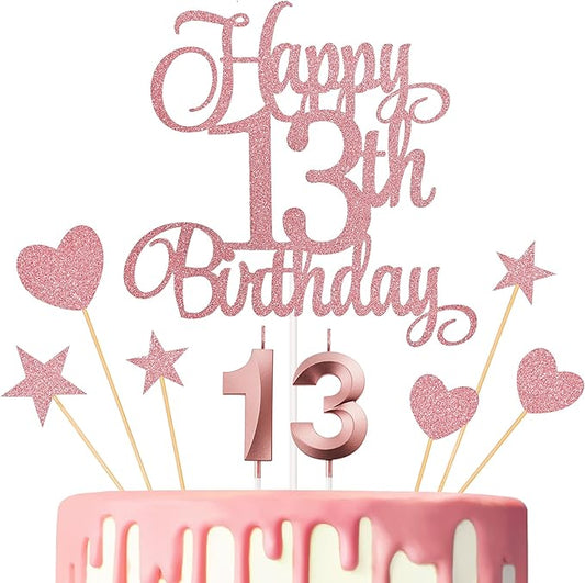 13th Birthday Cake Decorations, 13th Birthday Candles Cake Numeral Candles and Glitter Happy 13th Birthday Cake Toppers Set for Birthday Party Supplies (Rose Gold)