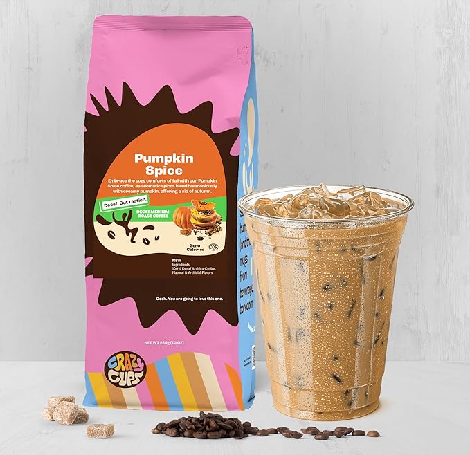 Crazy Cups Decaf Flavored Coffee, Decaffeinated Pumpkin Spice Coffee,Enjoy Hot or Iced, 10oz