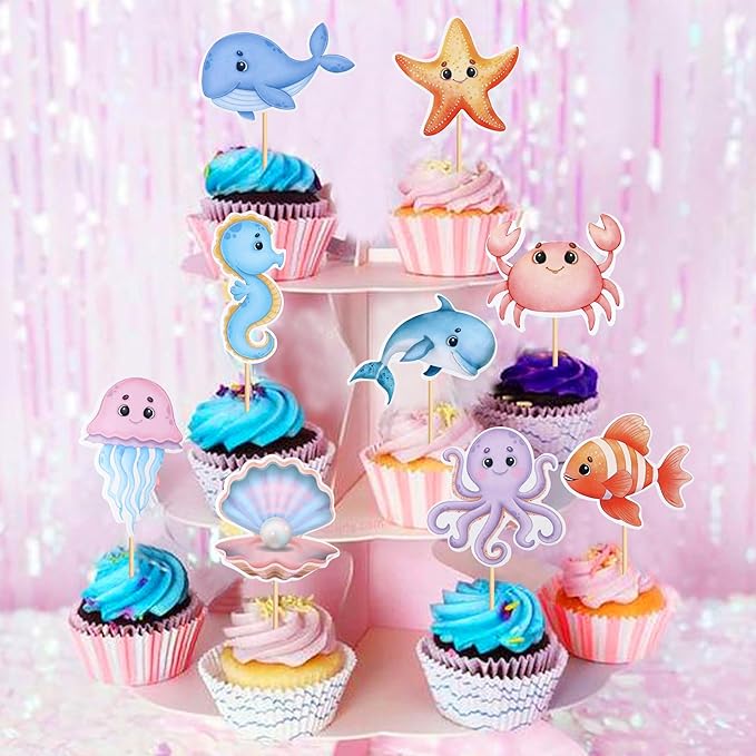 18 Pcs Ocean Cupcake Toppers - Ocean Theme Party Decorations Sea Animals Dolphin Whale Turtle Octopu Weaweed Party Cake Picks for Kids Under the Sea Baby Shower Birthday Party Supplies