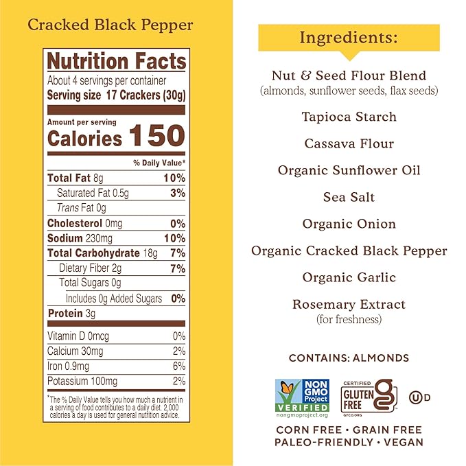 Simple Mills Almond Flour Crackers, Black Cracked Pepper, Gluten Free, Flax Seed, Sunflower Seeds, Corn Free, Good for Snacks, Made with whole foods, (Packaging May Vary)