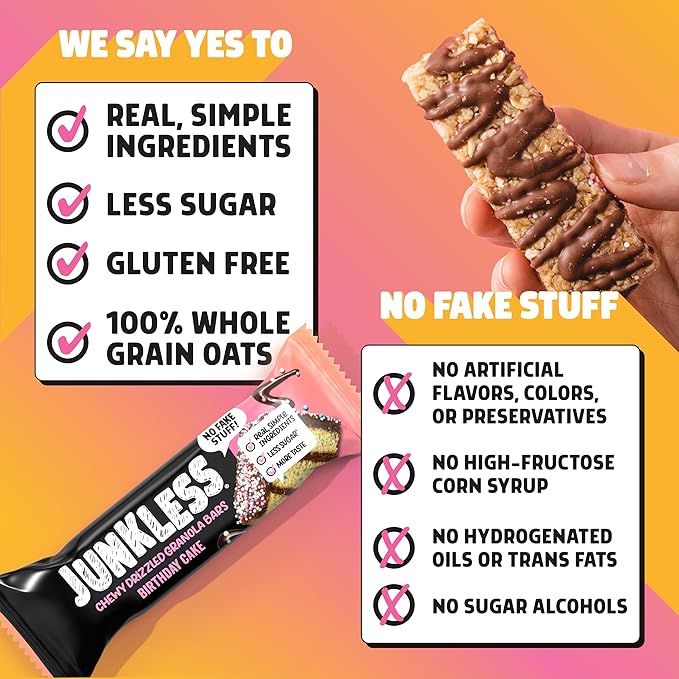 JUNKLESS Chewy Granola Bars Twin Pack ??Chocolate Chip & Drizzled Birthday Cake (12 Bars)?밚ess Sugar, Non-GMO, Gluten-Free, Wholesome Snack Bars for Kids & Adults, 2 Boxes