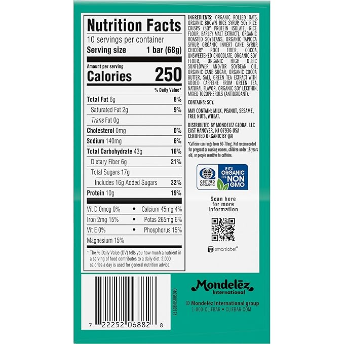 CLIF BAR - Cool Mint Chocolate with Caffeine - Made with Organic Oats - Energy Bars - Non-GMO - Plant Based Protein Bars (10 Pack)