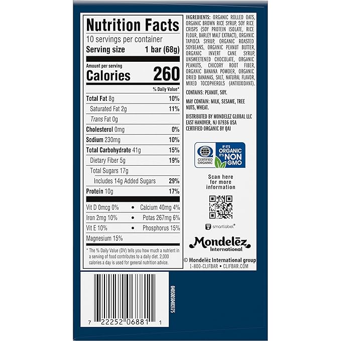 CLIF BAR - Peanut Butter Banana with Dark Chocolate Flavor - Made with Organic Oats - Energy Bars - Non-GMO - Plant Based Protein Bars (10 Pack)