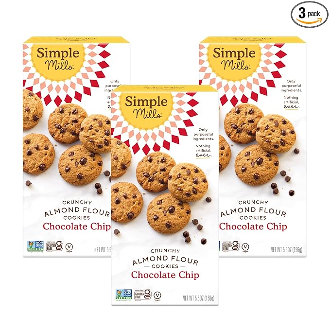 Simple Mills Almond Flour Crunchy Cookies, Chocolate Chip - Gluten Free, Vegan, Healthy Snacks, Made with Organic Coconut Oil, 5.5 oz (Pack of 3)