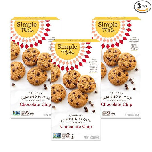 Simple Mills Almond Flour Crunchy Cookies, Chocolate Chip - Gluten Free, Vegan, Healthy Snacks, Made with Organic Coconut Oil, 5.5 oz (Pack of 3)