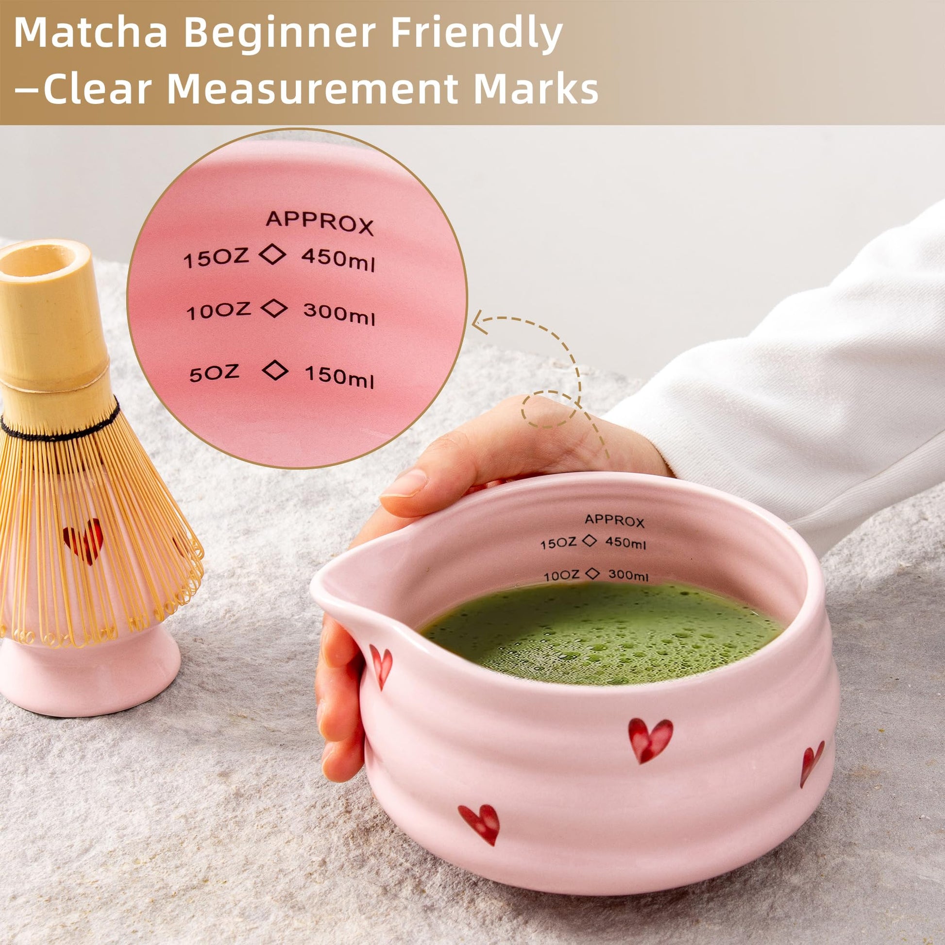 YumiPLUS Ceramic Matcha Bowl with Bamboo Whisk Holder, Pink Love, Set of 2