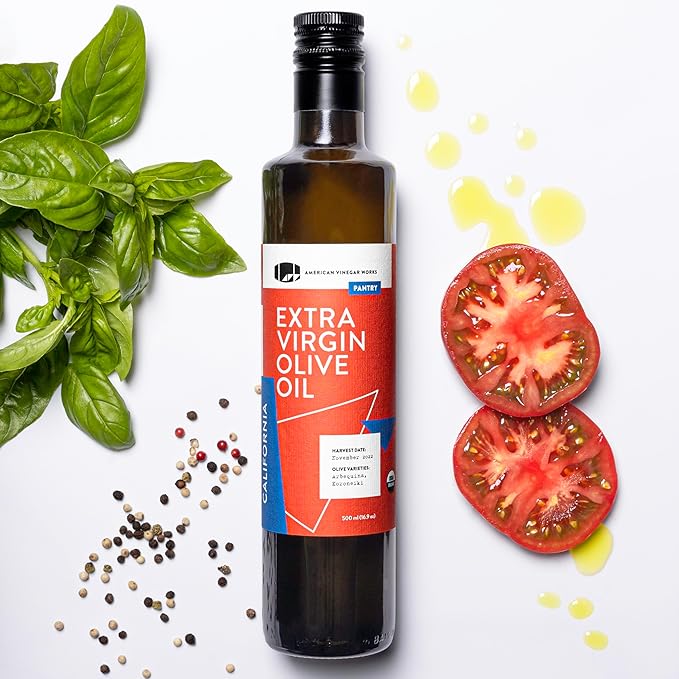 American Vinegar Works - Essential Kitchen Vinegars & Extra Virgin Olive Oil Gift Set - Includes Apple Cider, Red Wine, Rice Wine, and Chardonnay Wine Vinegars (8.5oz ea) with a EVOO (16.9oz)