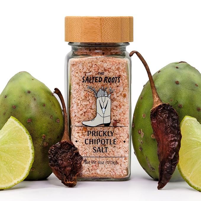 The Salted Roots - Prickly Chipotle Salt - Smoky & Fruity Seasoning - Infused with Prickly Pear, Chipotle Chiles & Lime - Perfect for Fajitas, Grilled Veggies & Cocktails - 4oz